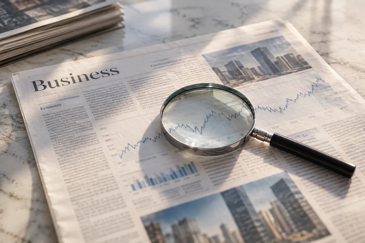 Magnifying glass resting on the business section of a newspaper over a market chart